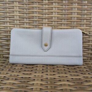 Fossil Lane Gray Leather Long Zip-Around Clutch Wallet Cards Cash ID Window